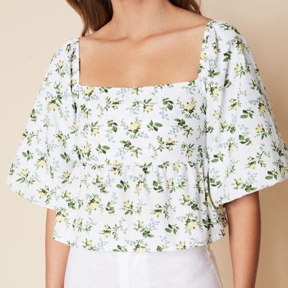 Faithfull The Brand White Floral Quincy Peasant Blouse Shirt